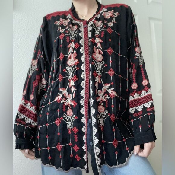 Johnny Was Tinsley Floral Embroidered Georgette Blouse Sz XXL Black Plus Size - Picture 2 of 7